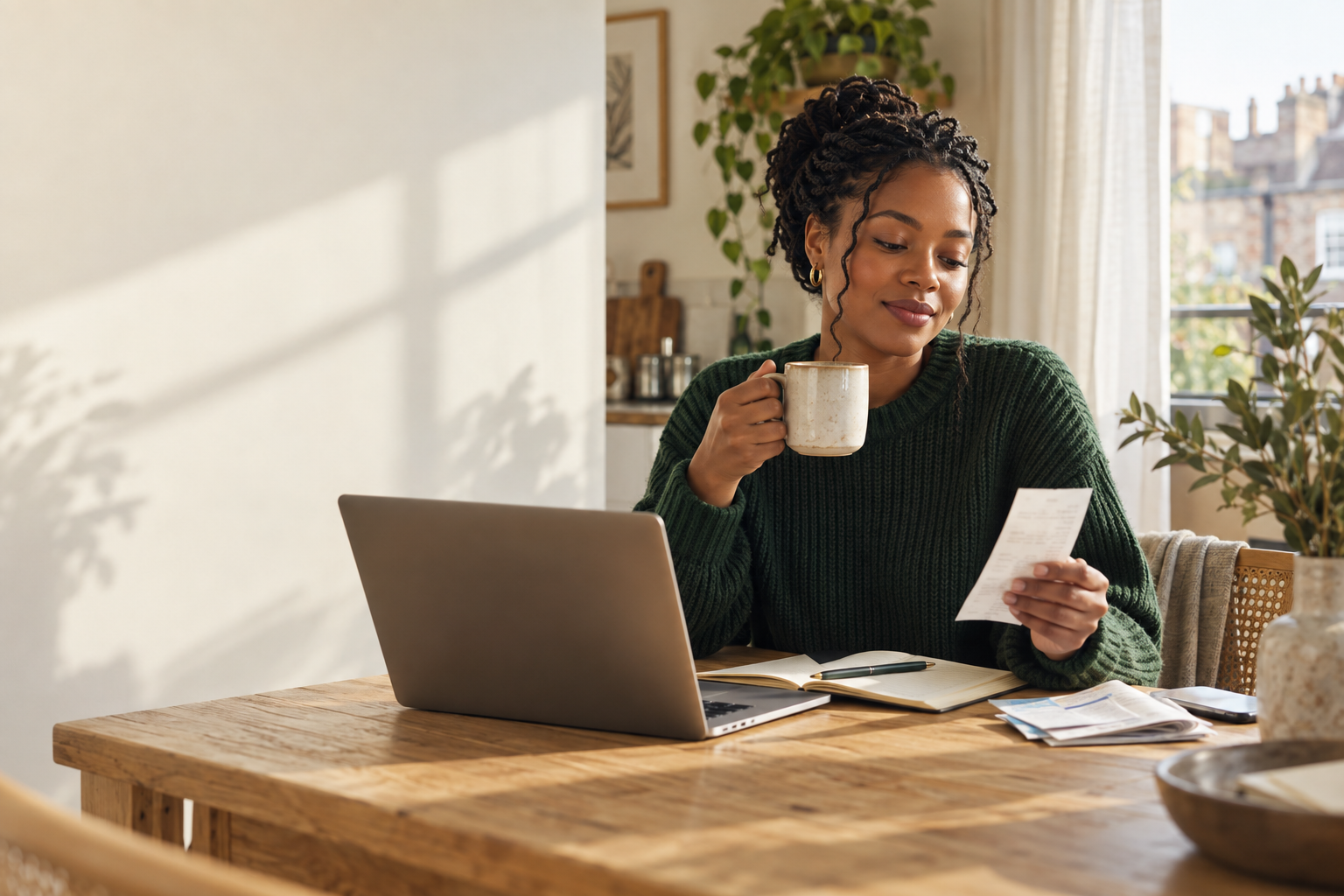 A freelancer reviewing paperwork at her kitchen worktable
